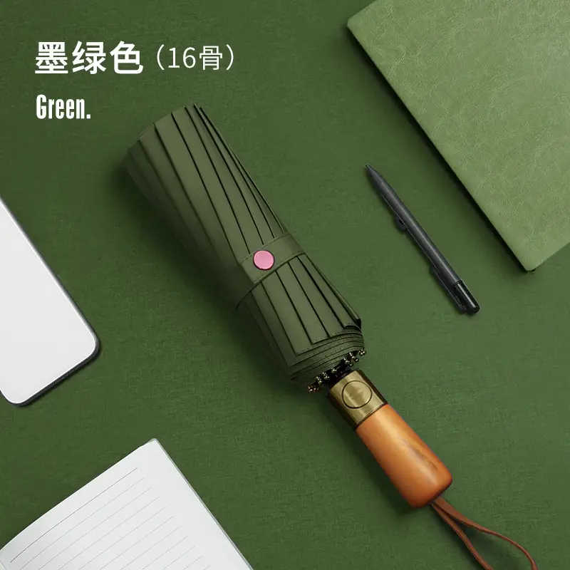 16-Bone Wooden Handle Umbrella Green Dual Use - Image 4