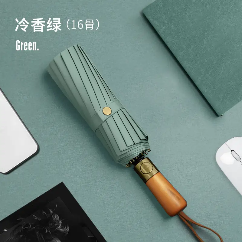 16-Bone Wooden Handle Umbrella Green Dual Use - Image 5