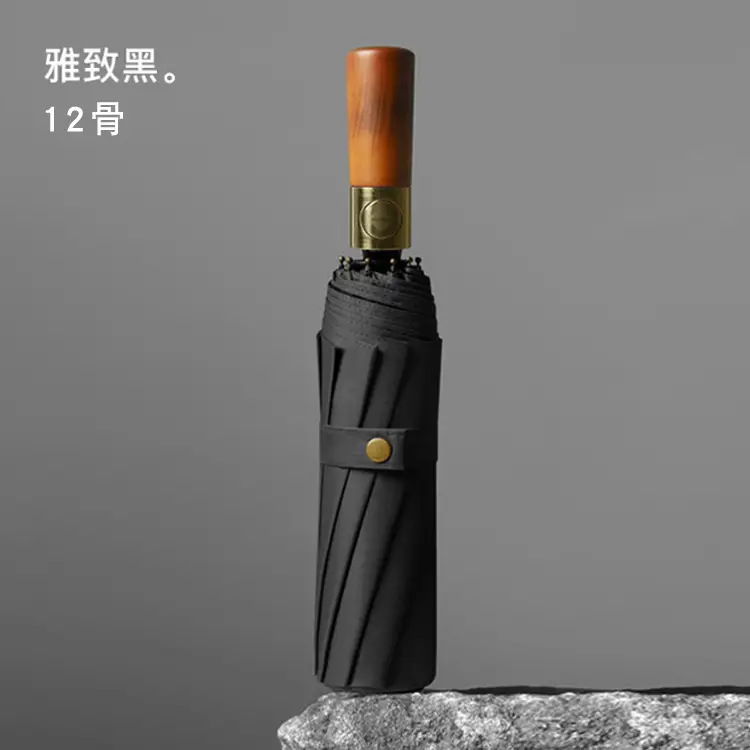 16-Bone Wooden Handle Umbrella Green Dual Use - Image 6