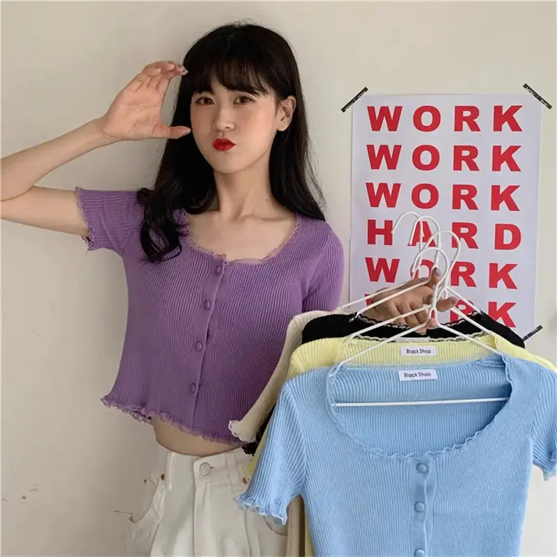 French Retro Knitted Shirt Purple Round Neck High Waist - Image 8