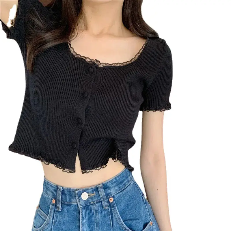 French Retro Knitted Shirt Purple Round Neck High Waist - Image 9