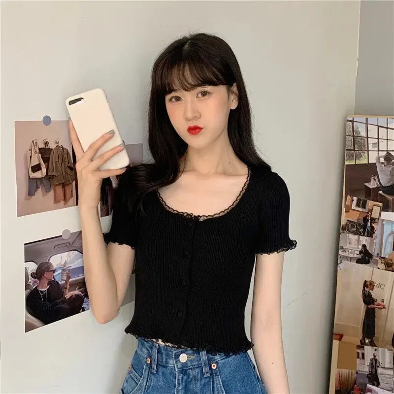 French Retro Knitted Shirt Purple Round Neck High Waist - Image 6