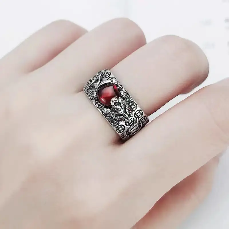 Retro Thai Silver Pixiu Ring Men Women Gold Garnet Six-Word True Opening Old Ring - Image 6