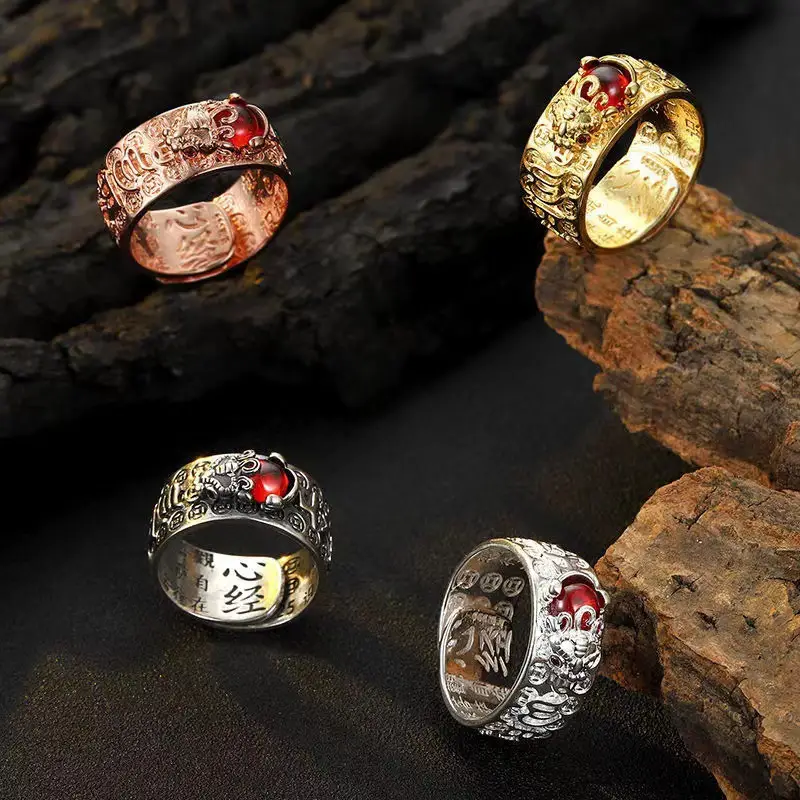 Retro Thai Silver Pixiu Ring Men Women Gold Garnet Six-Word True Opening Old Ring - Image 7