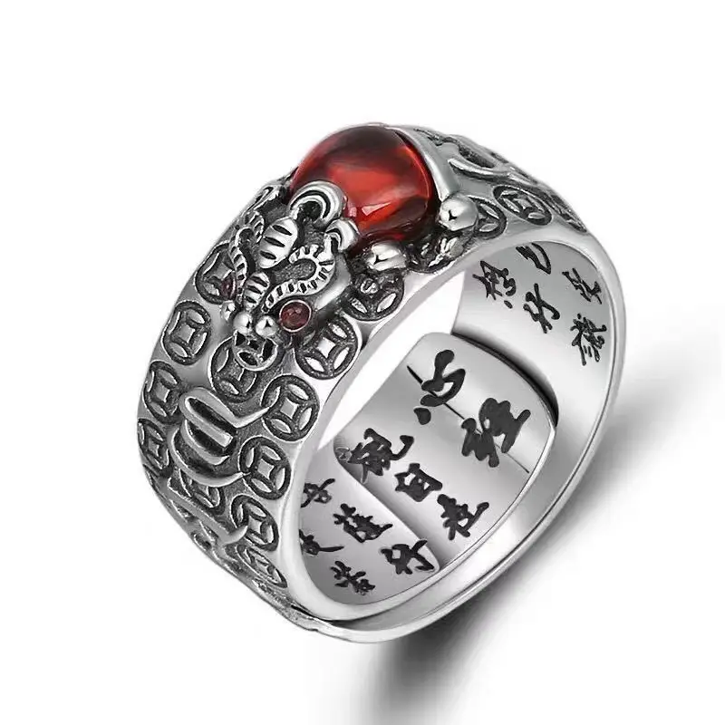 Retro Thai Silver Pixiu Ring Men Women Gold Garnet Six-Word True Opening Old Ring - Image 4