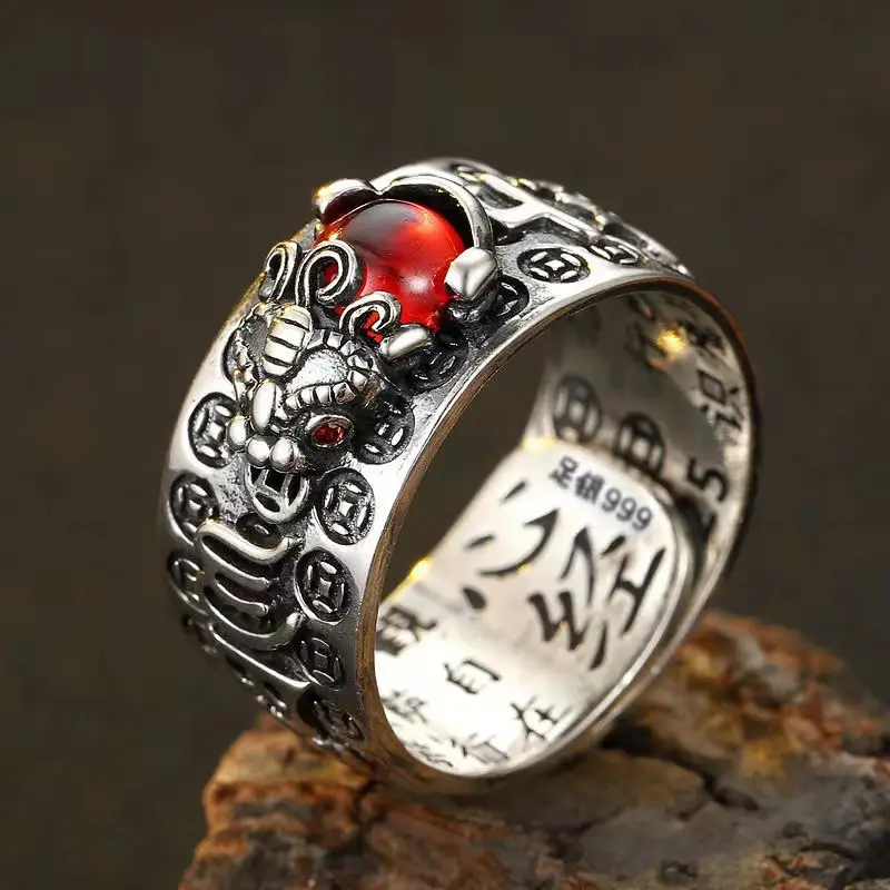 Retro Thai Silver Pixiu Ring Men Women Gold Garnet Six-Word True Opening Old Ring — feature 10