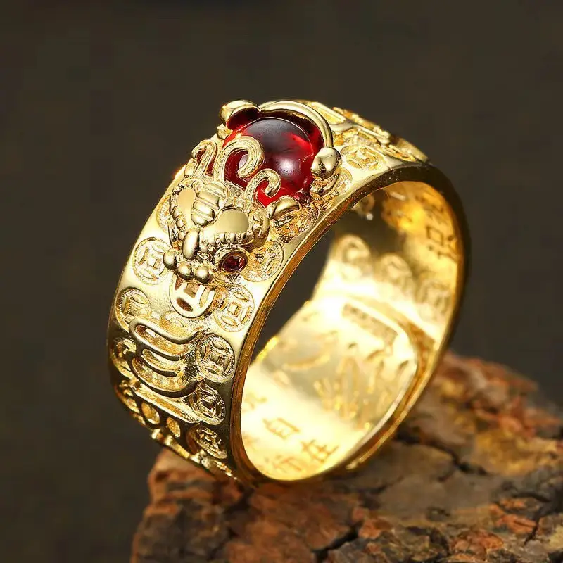 Retro Thai Silver Pixiu Ring Men Women Gold Garnet Six-Word True Opening Old Ring — feature 7