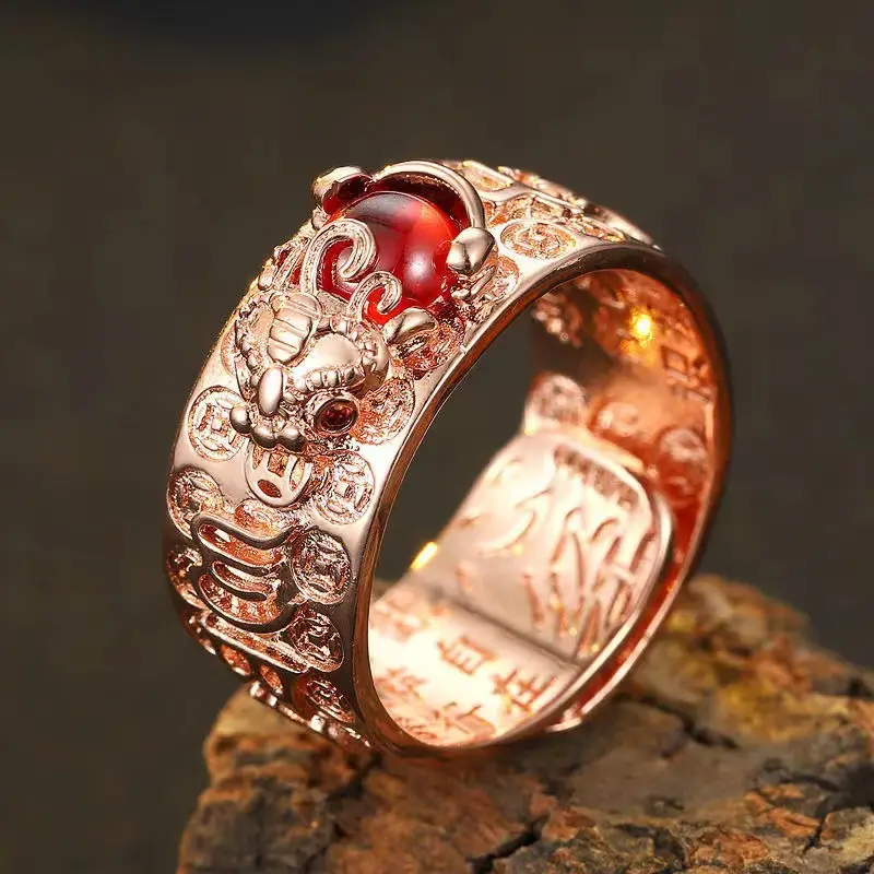 Retro Thai Silver Pixiu Ring Men Women Gold Garnet Six-Word True Opening Old Ring — feature 8