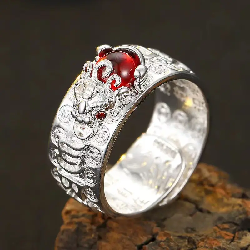 Retro Thai Silver Pixiu Ring Men Women Gold Garnet Six-Word True Opening Old Ring - Image 2
