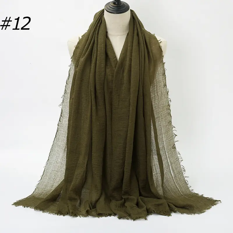 Women's Natural Wrinkled Cotton Scarf Monochrome Fringed Edge