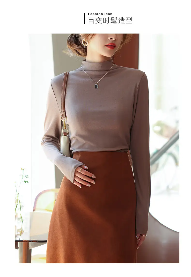 Women's Half Turtleneck Modal Shirt Brown Slim Fit — feature 18