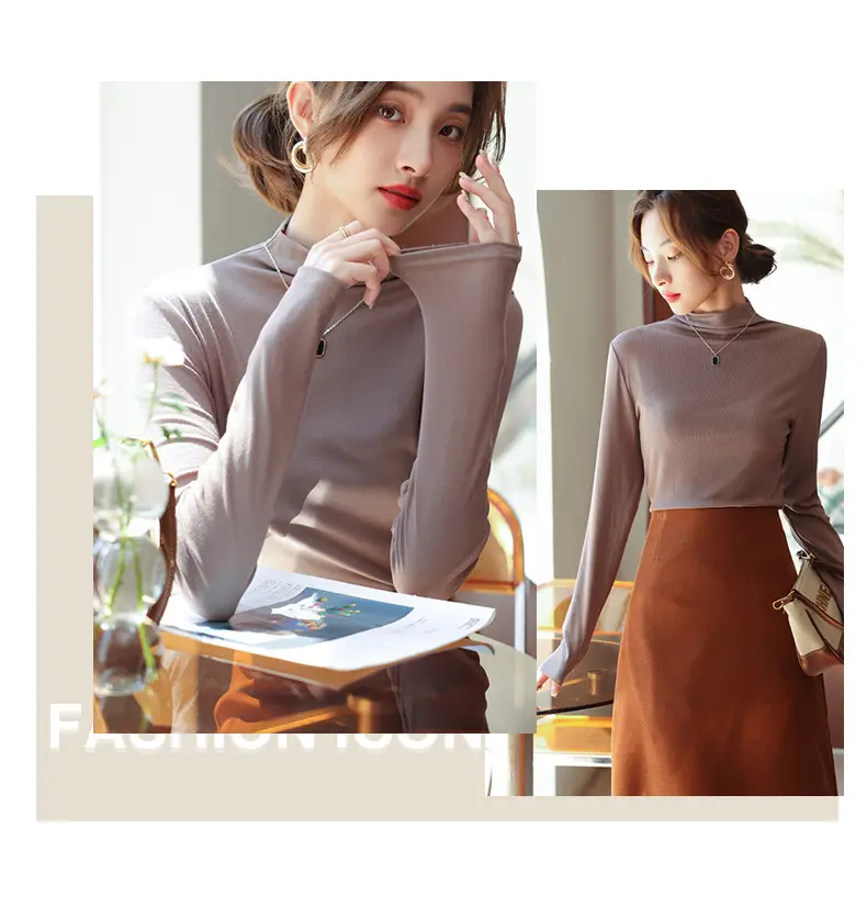 Women's Half Turtleneck Modal Shirt Brown Slim Fit — feature 19