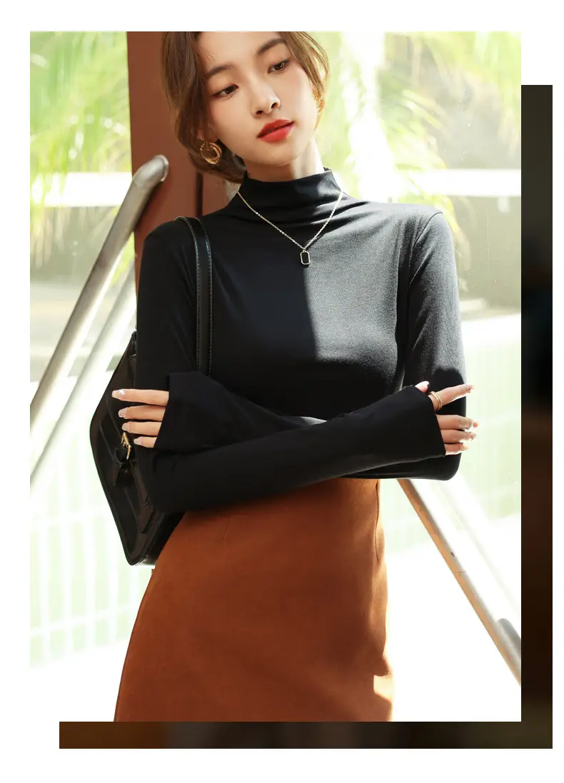 Women's Half Turtleneck Modal Shirt Brown Slim Fit — feature 21