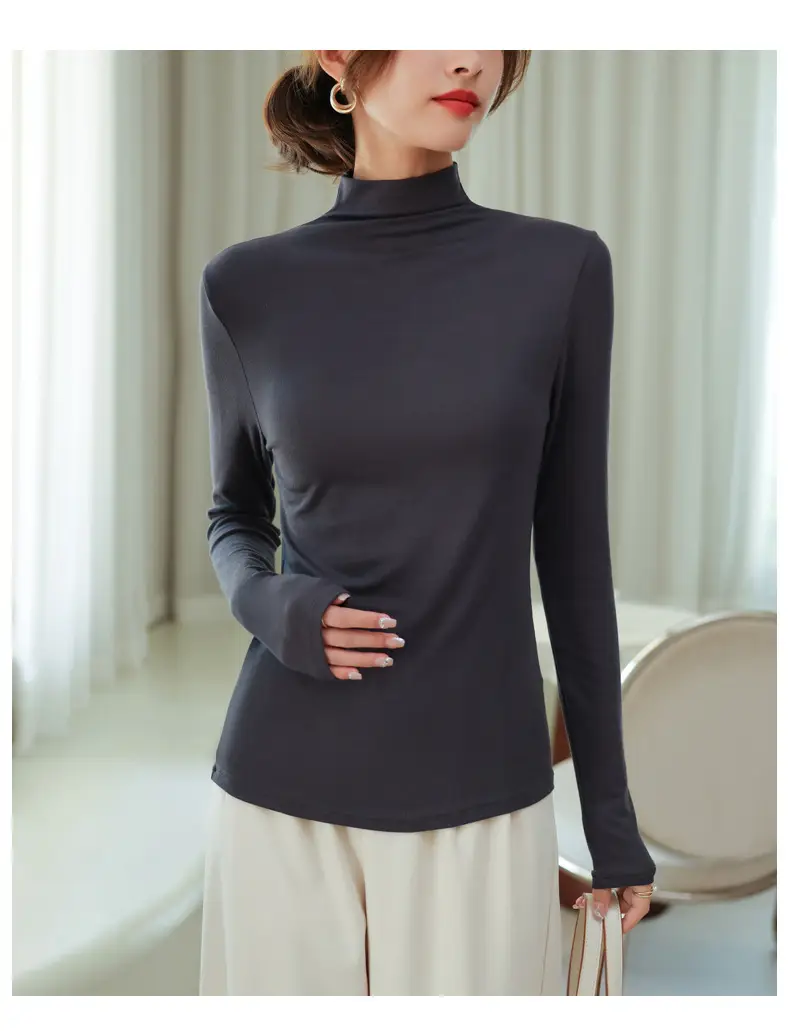Women's Half Turtleneck Modal Shirt Brown Slim Fit — feature 23