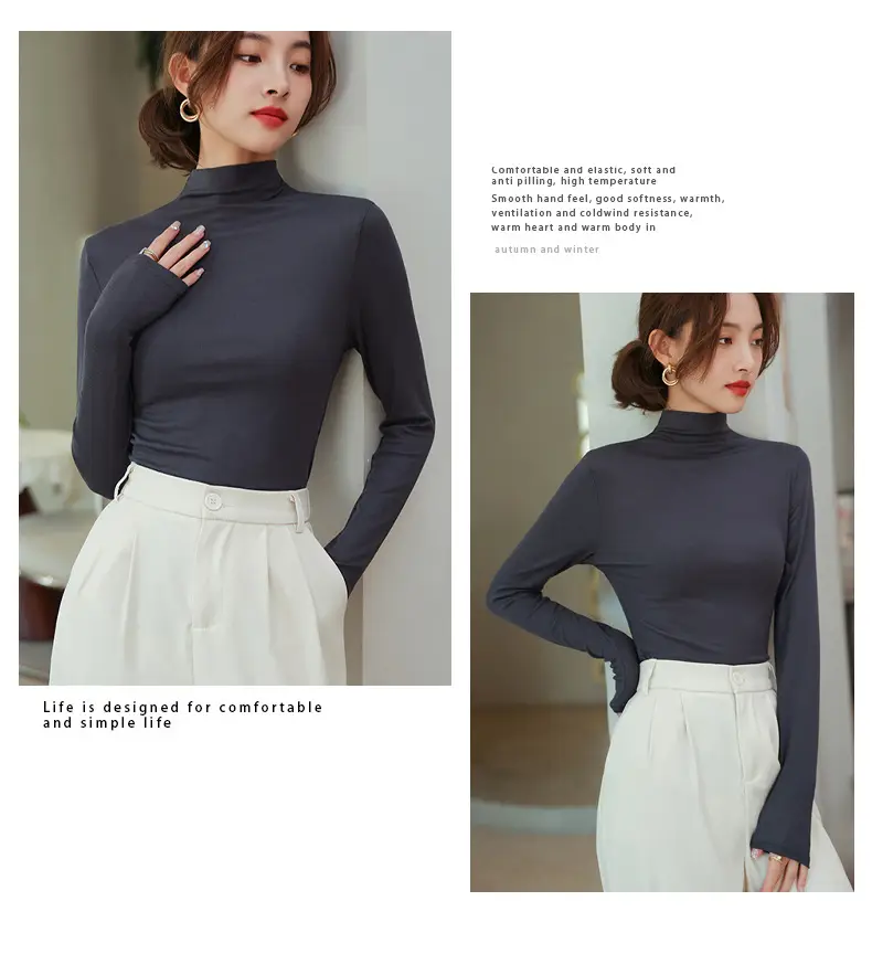 Women's Half Turtleneck Modal Shirt Brown Slim Fit — feature 24