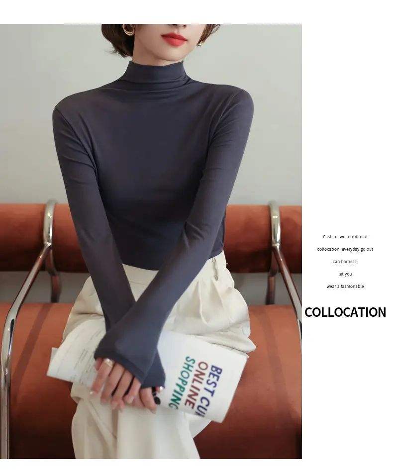 Women's Half Turtleneck Modal Shirt Brown Slim Fit — feature 25