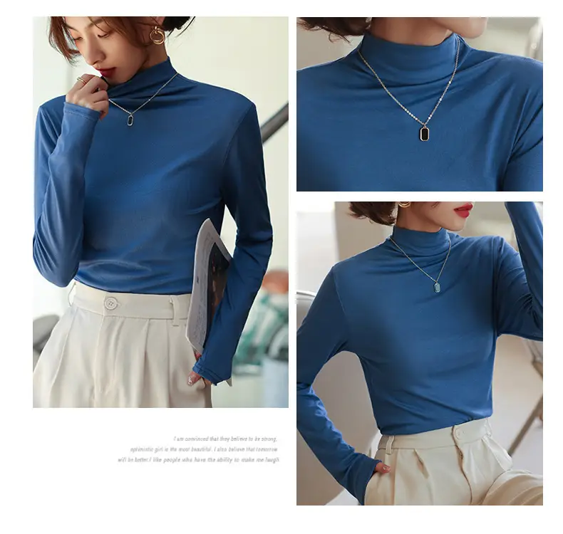 Women's Half Turtleneck Modal Shirt Brown Slim Fit — feature 27