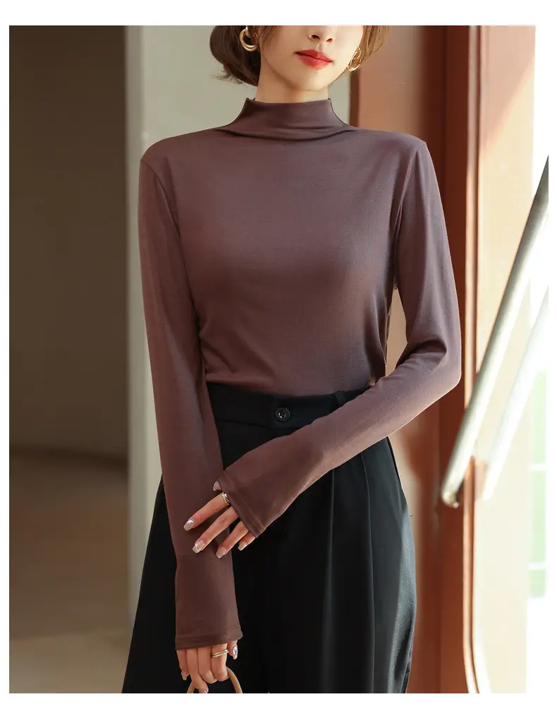Women's Half Turtleneck Modal Shirt Brown Slim Fit — feature 28