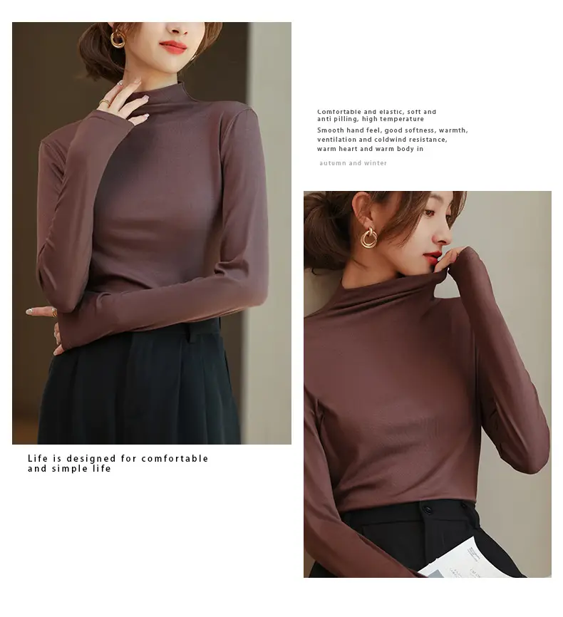Women's Half Turtleneck Modal Shirt Brown Slim Fit — feature 29