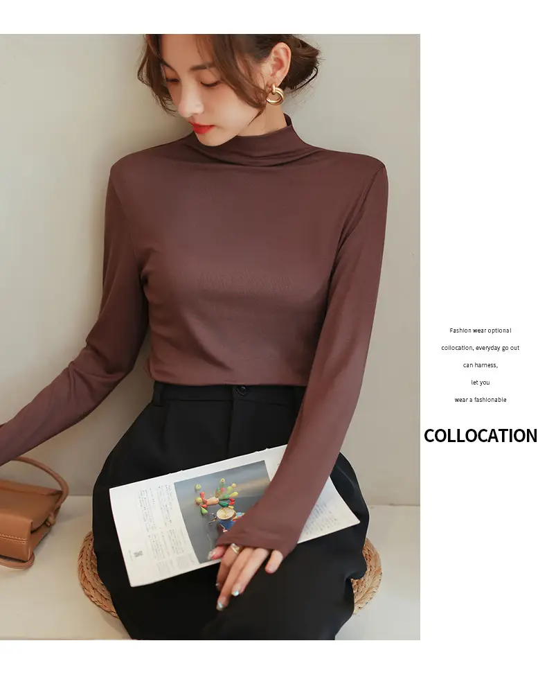 Women's Half Turtleneck Modal Shirt Brown Slim Fit — feature 30