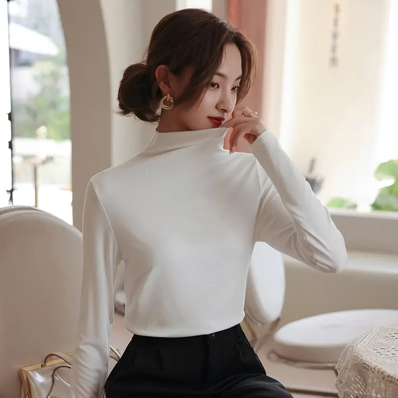Women's Half Turtleneck Modal Shirt Brown Slim Fit - Image 2