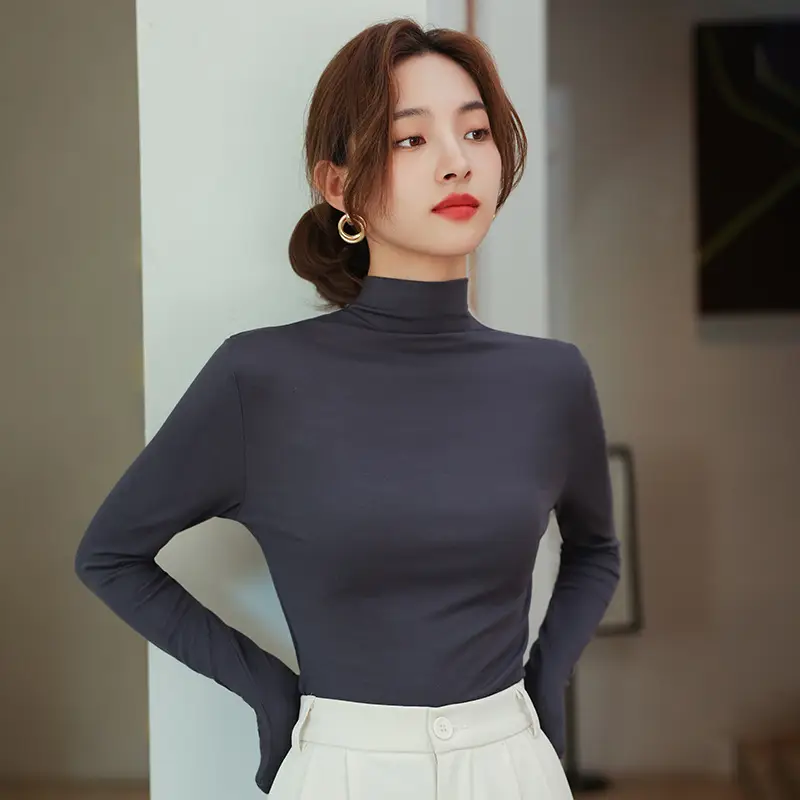 Women's Half Turtleneck Modal Shirt Brown Slim Fit - Image 3