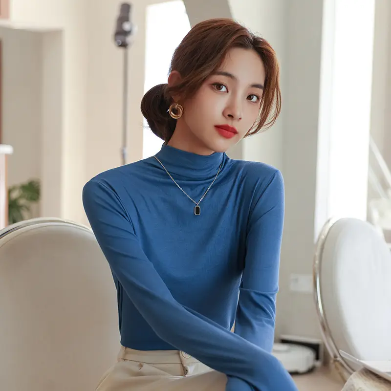 Women's Half Turtleneck Modal Shirt Brown Slim Fit - Image 4