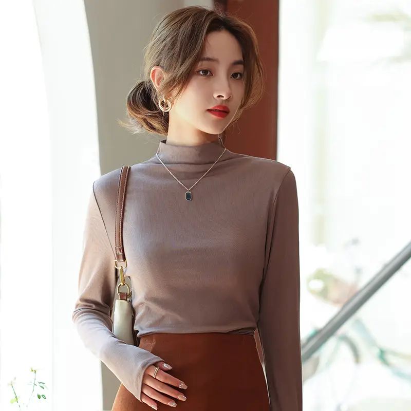 Women's Half Turtleneck Modal Shirt Brown Slim Fit - Image 5