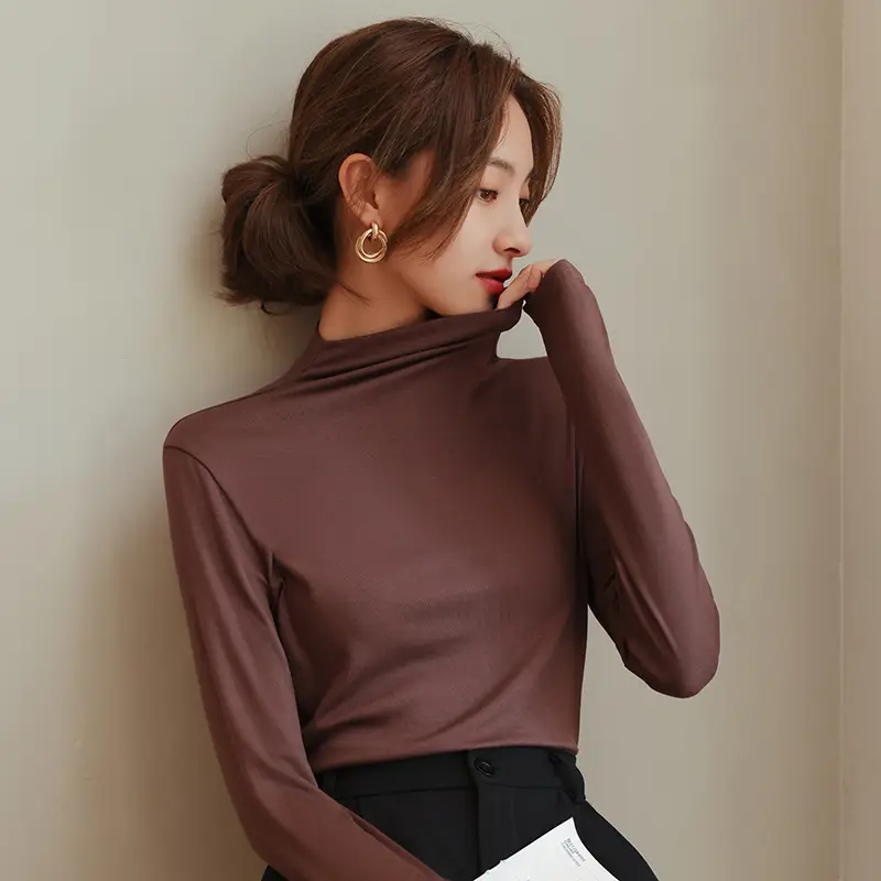 Women's Half Turtleneck Modal Shirt Brown Slim Fit - Image 6