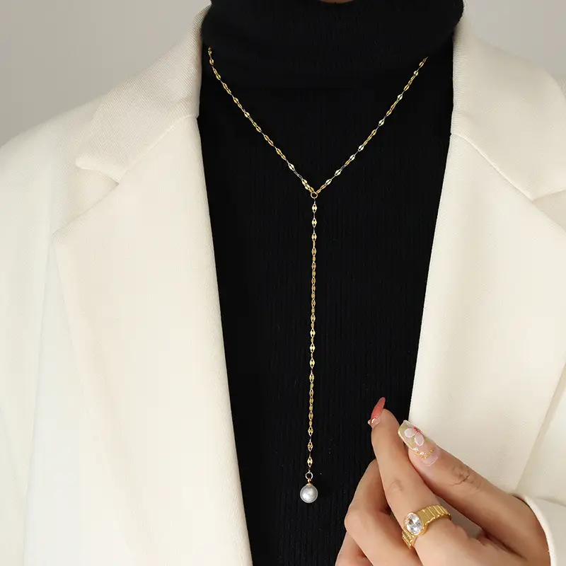Tassel Long Necklace with Pearls & Titanium Clavicle - Image 2