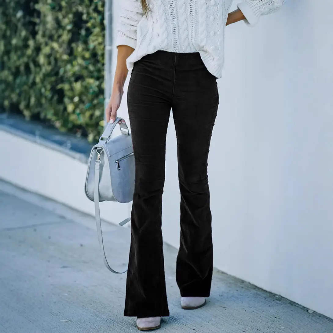 Women's High-Waisted Slim Micro-Flared Pants Corduroy Elastic Waist