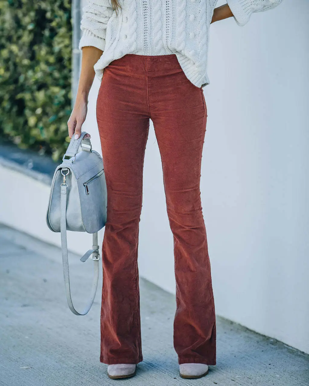 Women's High-Waisted Slim Micro-Flared Pants Corduroy Elastic Waist