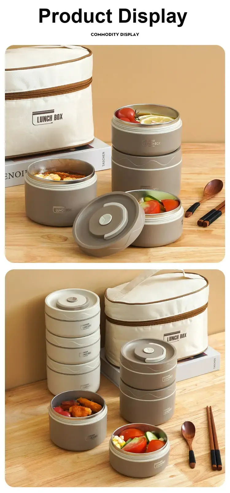 Open round containers and insulated bag arranged with a lid and utensils.