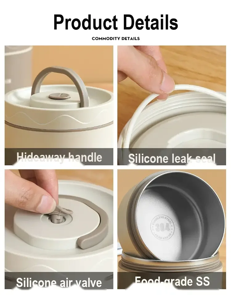 Four close-up panels showing the handle, sealing ring, vent valve and stainless steel bowl.