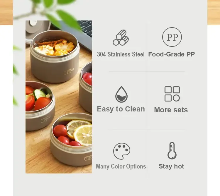 Product feature panel identifying stainless steel, food-grade PP, easy cleaning and multiple combinations.