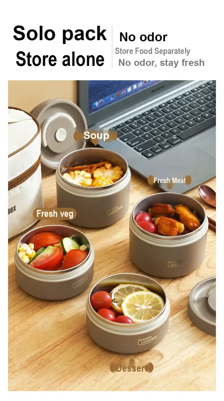 Several open containers holding different foods, with the lid and carry bag nearby.