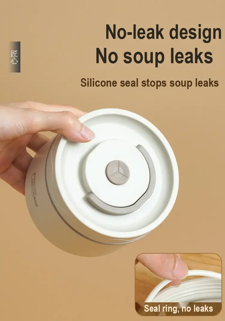 Close-up of the lid with silicone sealing ring; text describes leak prevention.