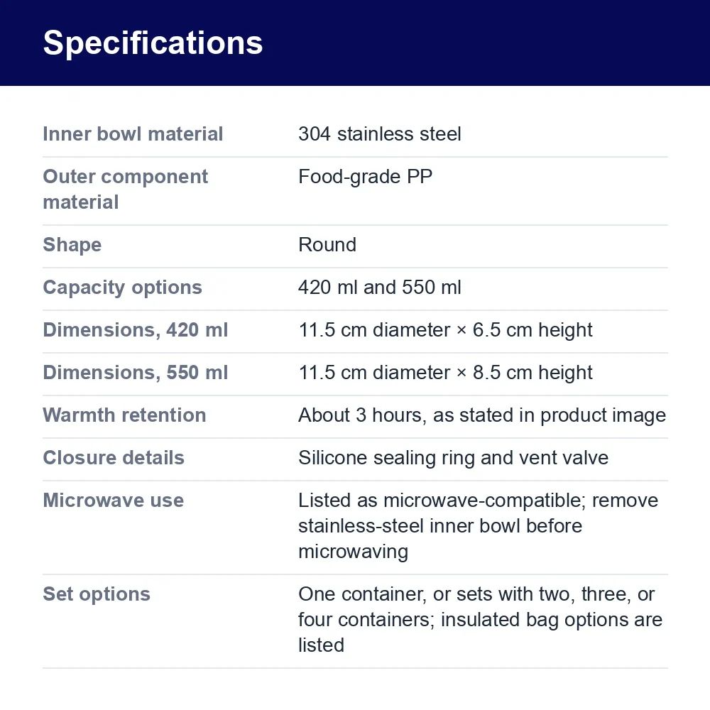 304 Stainless Steel Insulated Lunch Box with Leak-Resistant Lid – specifications