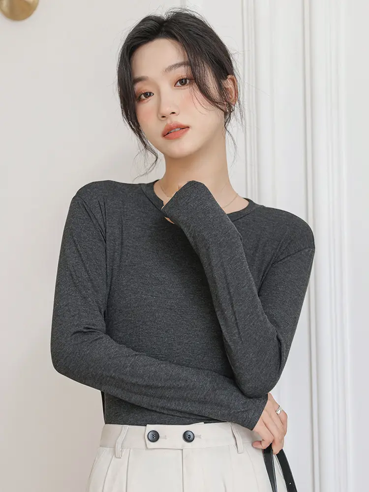 Women's Long Sleeve Plain T-Shirt Brown Slim Fit - Image 9