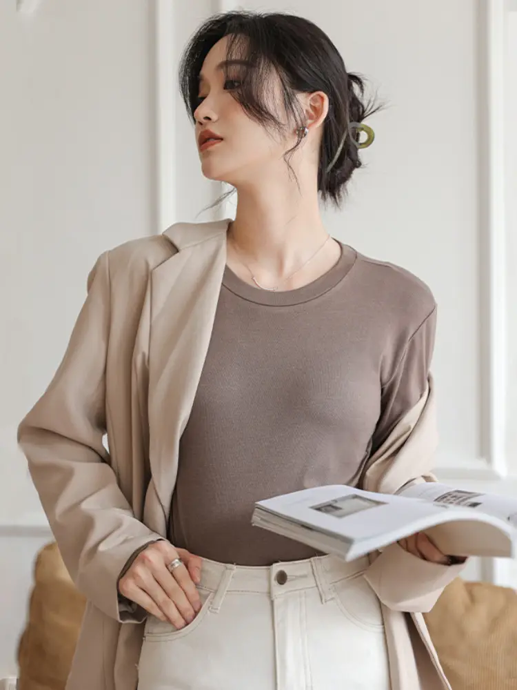 Women's Long Sleeve Plain T-Shirt Brown Slim Fit - Image 10