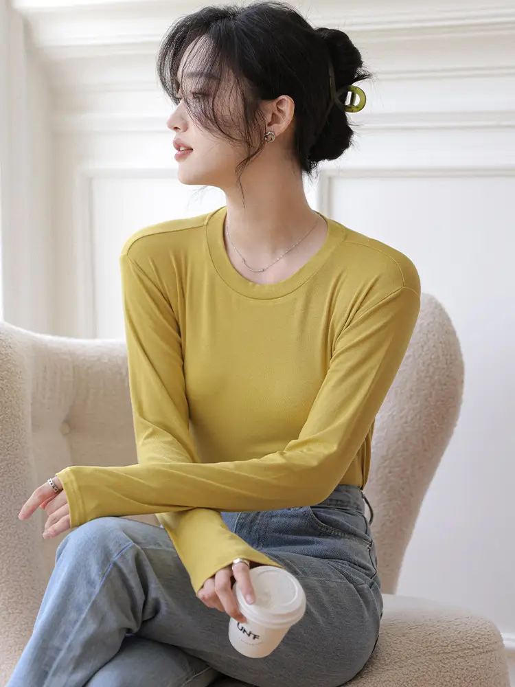 Women's Long Sleeve Plain T-Shirt Brown Slim Fit - Image 12