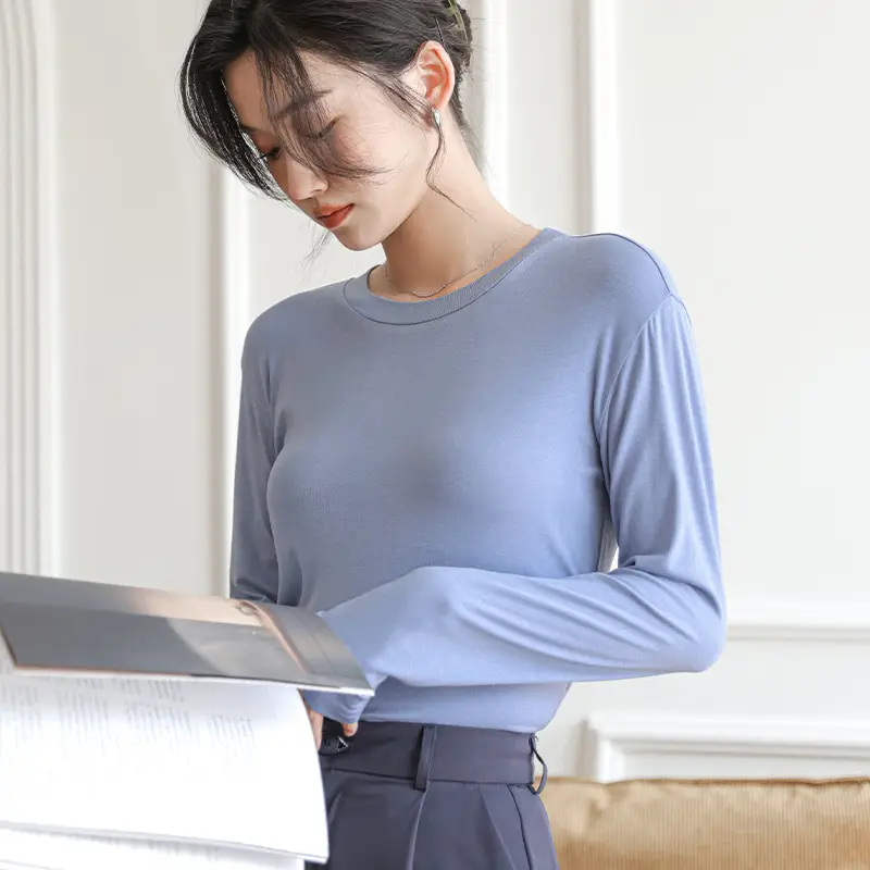 Women's Long Sleeve Plain T-Shirt Brown Slim Fit - Image 2