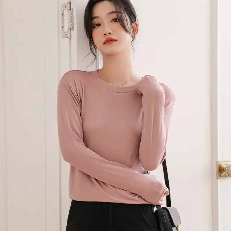 Women's Long Sleeve Plain T-Shirt Brown Slim Fit - Image 3