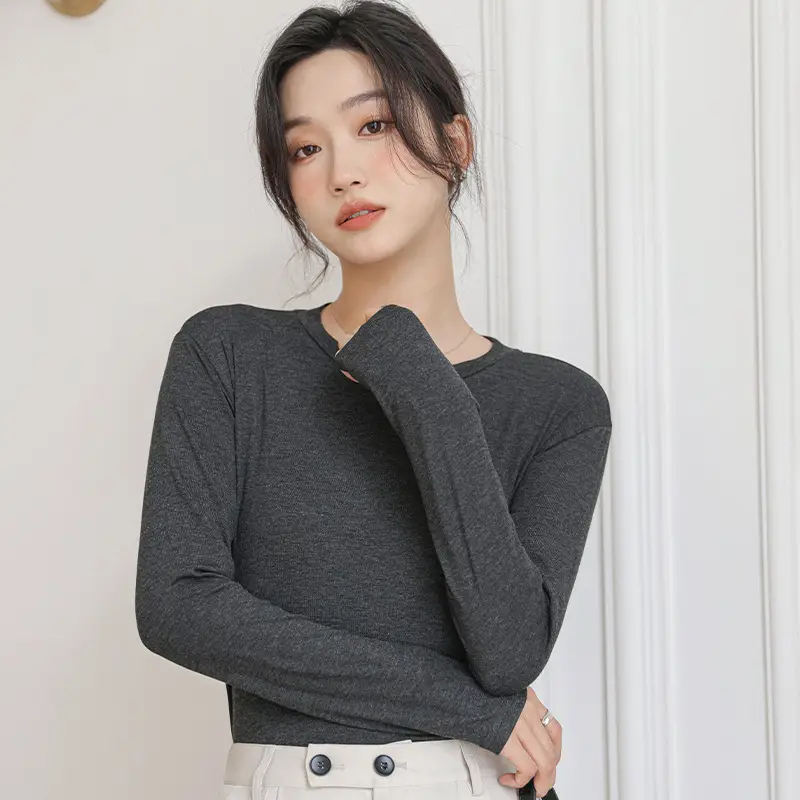Women's Long Sleeve Plain T-Shirt Brown Slim Fit - Image 4