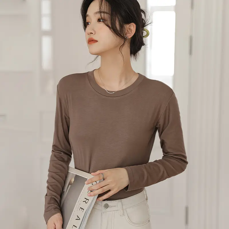 Women's Long Sleeve Plain T-Shirt Brown Slim Fit - Image 5