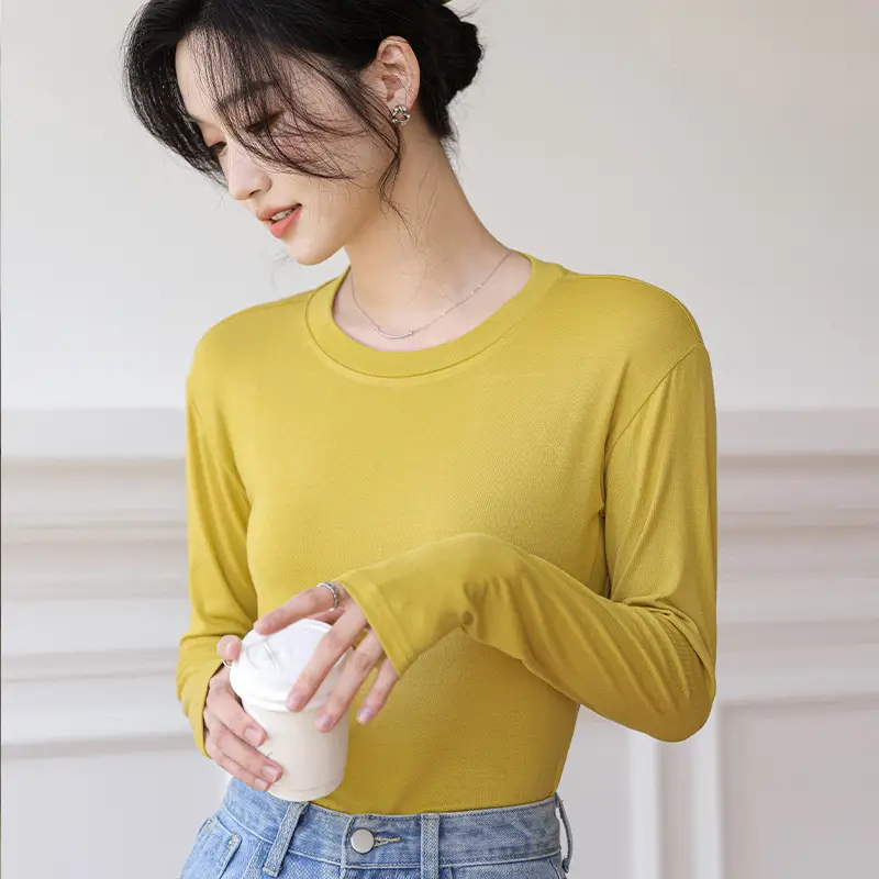 Women's Long Sleeve Plain T-Shirt Brown Slim Fit - Image 6