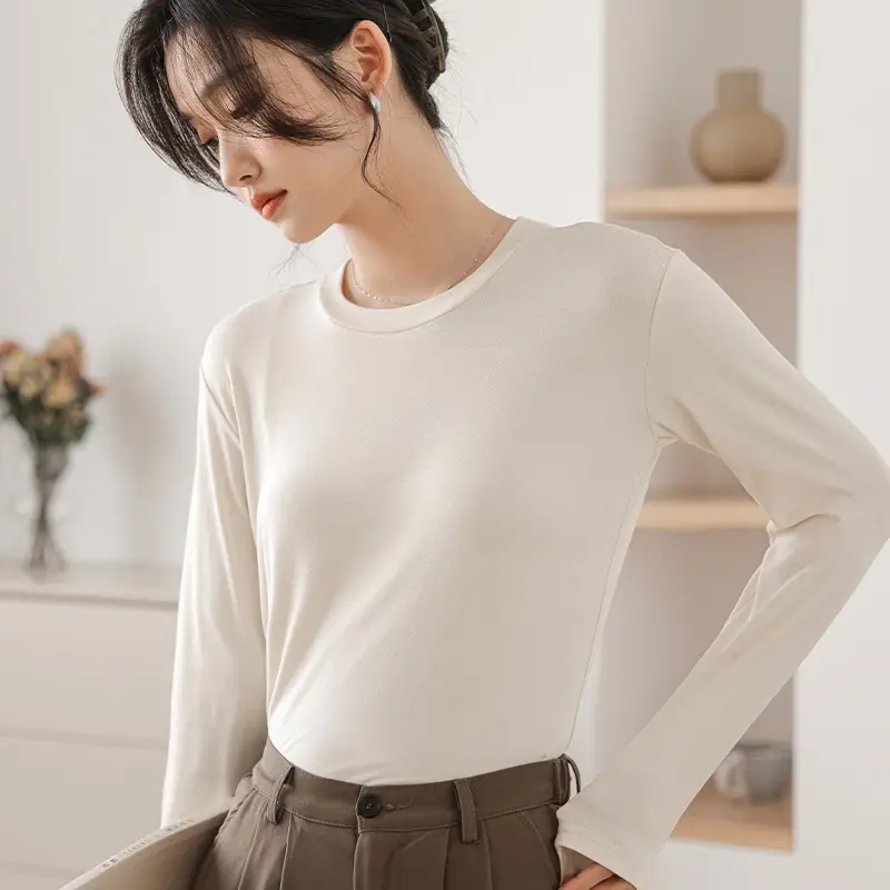 Women's Long Sleeve Plain T-Shirt Brown Slim Fit - Image 7