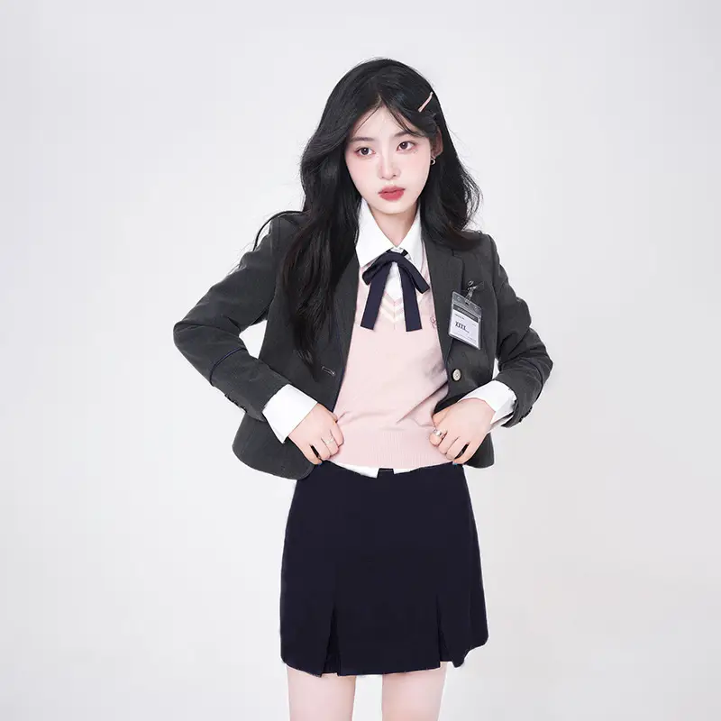 Women Korean Drama Academy Suit Black Pink Short Sleeve Jacket - Image 8