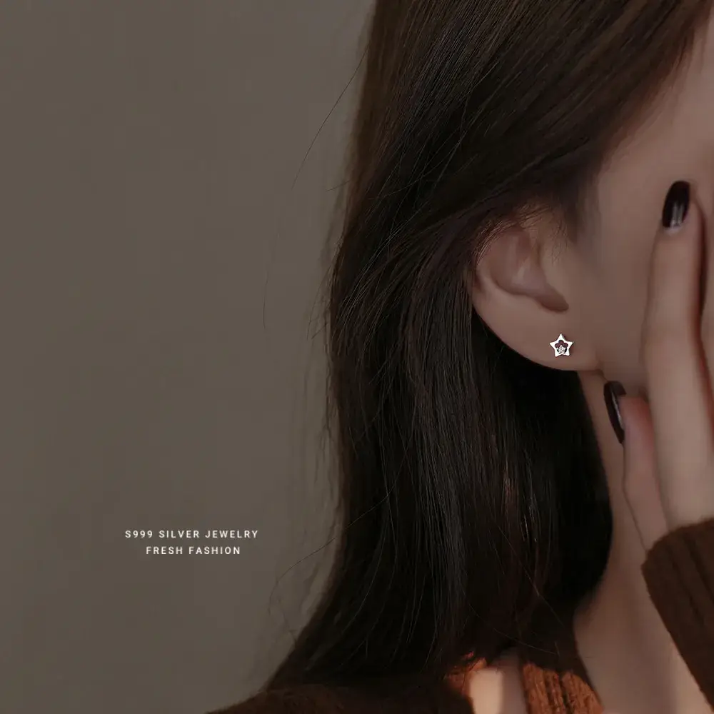 S999 Silver Star Earrings Women's Mori Style - Image 2