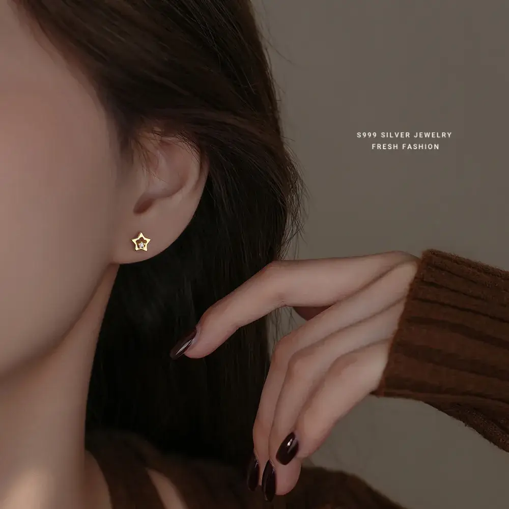 S999 Silver Star Earrings Women's Mori Style - Image 3